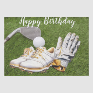 Golf birthday with golf ball and shoes on green  tissue paper