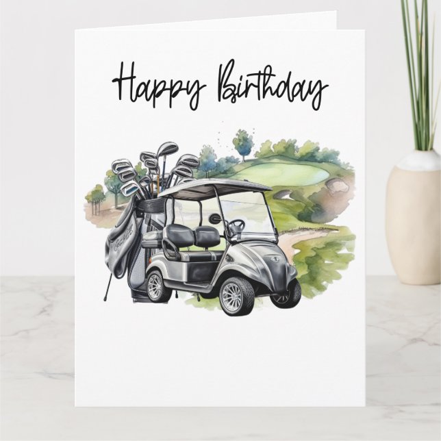 Golf Birthday with golf cart   watercolor Card (Front)