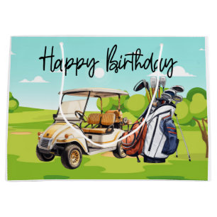 Golf Birthday with golf cart watercolor Large Gift Bag