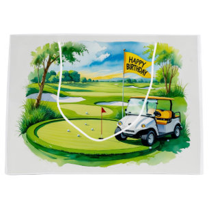 Golf Birthday with golf cart watercolor Large Gift Bag