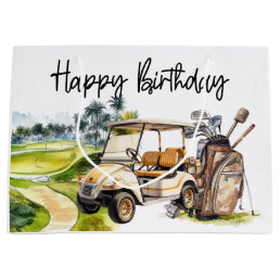 Golf Birthday with golf cart   watercolor Large Gift Bag