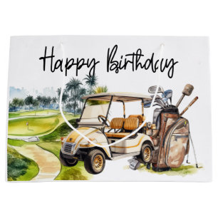 Golf Birthday with golf cart watercolor Large Gift Bag