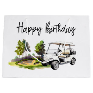 Golf Birthday with golf cart watercolor Large Gift Bag