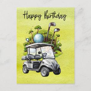 Golf Birthday with golf cart watercolor Postcard