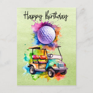Golf Birthday with golf cart watercolor Postcard