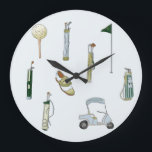 Golf blue and green watercolor large clock<br><div class="desc">This large clock design features a serene golf scene, brought to life with soft blue and green watercolor strokes that evoke the tranquility of the course. The watercolor palette blends shades of blue for the sky and green for the lush grass, creating a calming, nature-inspired backdrop. Perfect for golf enthusiasts,...</div>