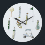 Golf blue and green watercolor large clock<br><div class="desc">This large clock design features a serene golf scene, brought to life with soft blue and green watercolor strokes that evoke the tranquility of the course. The watercolor palette blends shades of blue for the sky and green for the lush grass, creating a calming, nature-inspired backdrop. Perfect for golf enthusiasts,...</div>