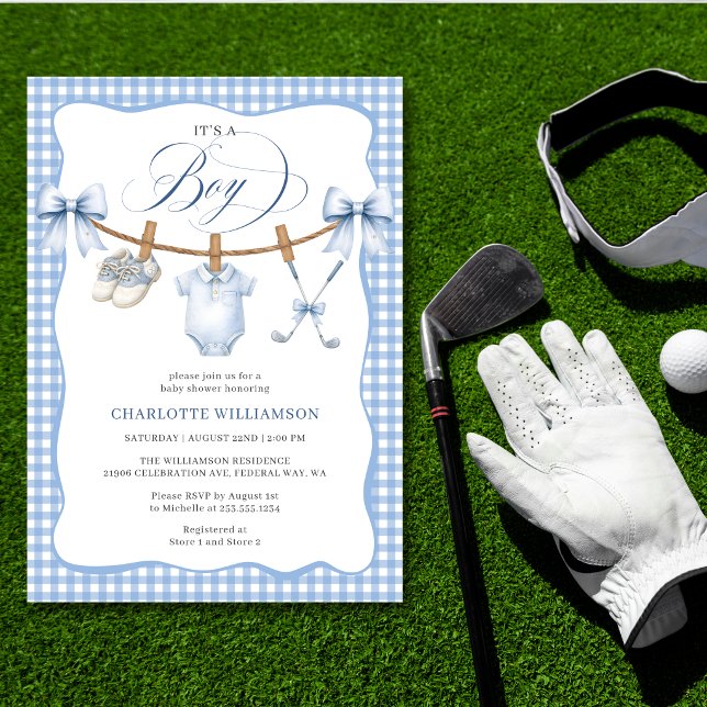 Golf Blue Gingham Clothesline Baby Boy Shower Invitation (Golf Blue Gingham Clothesline Baby Boy Shower Invitation)