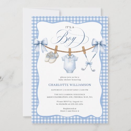 Golf Blue Gingham Clothesline Baby Boy Shower Invitation