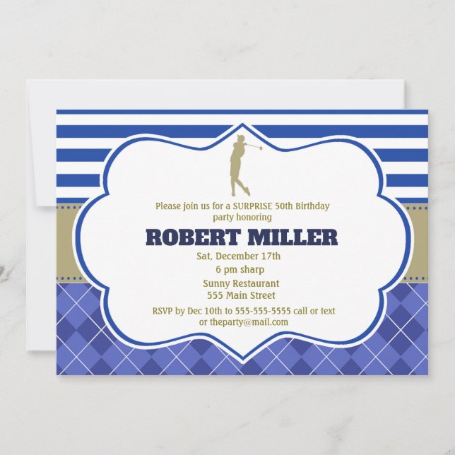 Golf Blue Gold Adult Birthday Invitation (Front)