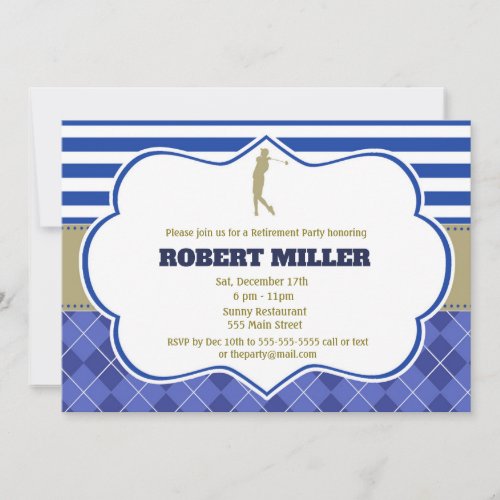 Golf Blue Gold Adult Retirement Party Invitation