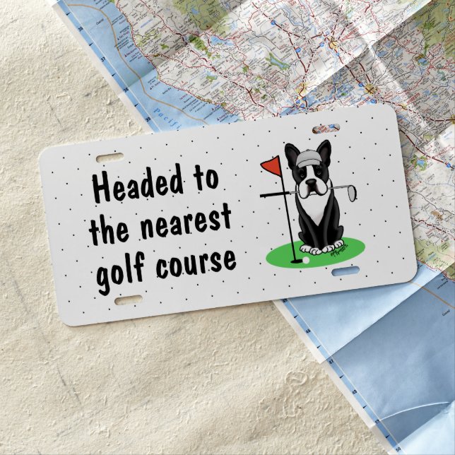 Golf Boston Terrier (black) Cute Dog License Plate (In Situ)