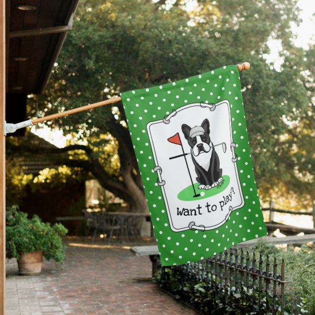 Golf Boston Terrier (black) Cute Dog Playing Golf House Flag (In SItu)