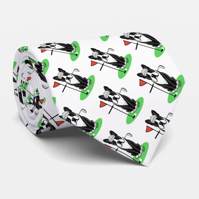Golf Boston Terrier Dog (black) Cute Neck Tie (Rolled)
