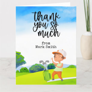Golf boy golfer in the golf course thank you card