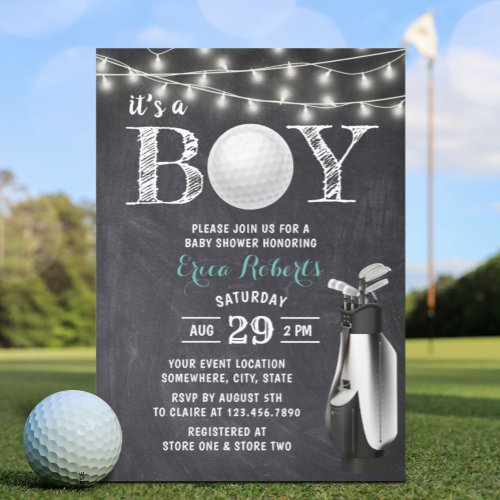 Golf Boy Rustic Chalkboard Baby Shower Invitation