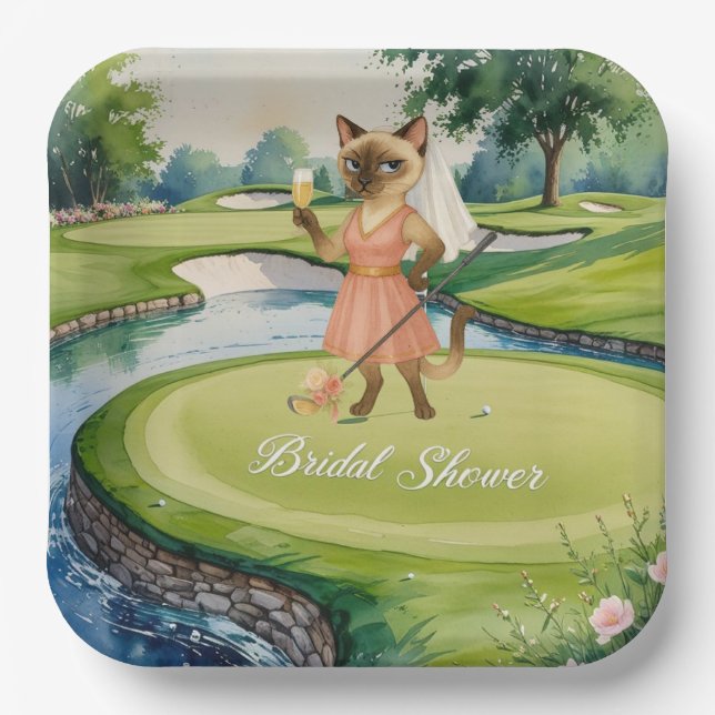 GOLF BRIDAL SHOWER for Cat Lover golfer  Paper Plates (Front)