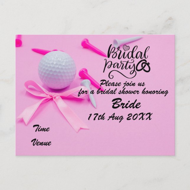 Golf Bridal Shower Invitation golf ball on pink Po Postcard (Front)