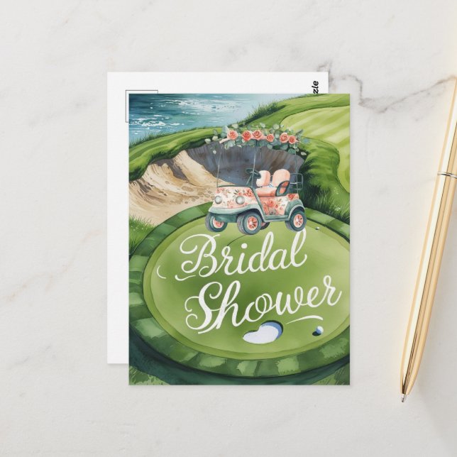 Golf Bridal Shower with golf cart for Bride Golfer Postcard (Front/Back In Situ)