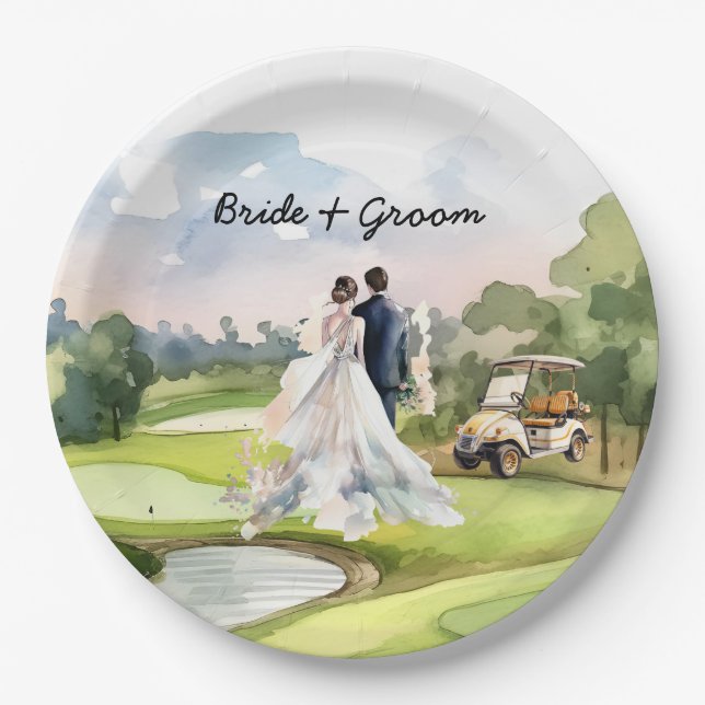 Golf bride and groom  in golf course  paper plates (Front)