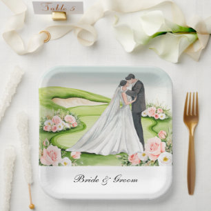 Golf Bride and Groom on Golf Course Wedding Paper Plates