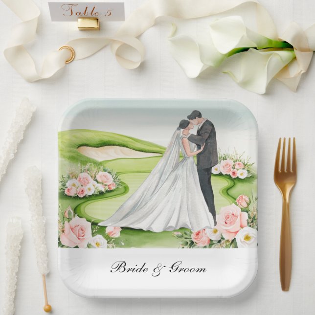Golf Bride and Groom on Golf Course Wedding Paper Plates (Wedding)