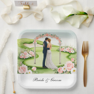 Golf Bride and Groom on Golf Course Wedding Paper Plates