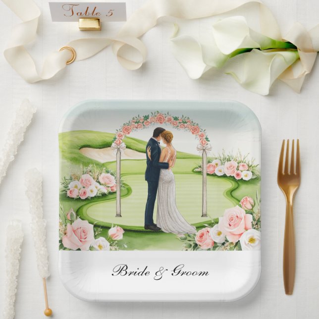 Golf Bride and Groom on Golf Course Wedding Paper Plates (Wedding)