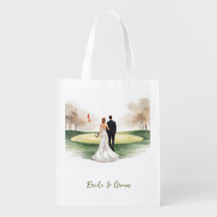 Golf Bride and Groom Wedding at Golf Course Grocery Bag