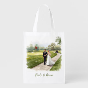 Golf Bride and Groom Wedding at Golf Course Grocery Bag