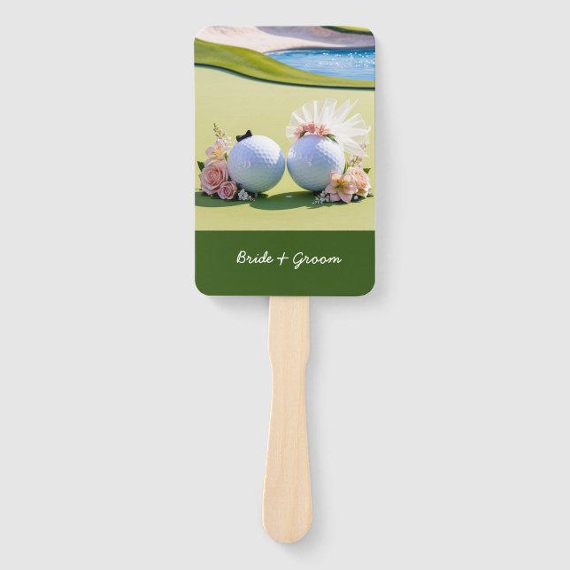 Golf bride and groom Wedding on putting green Hand Fan (Front)