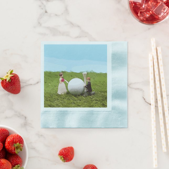 Golf bride and groom with golf ball and tee napkins (Insitu)