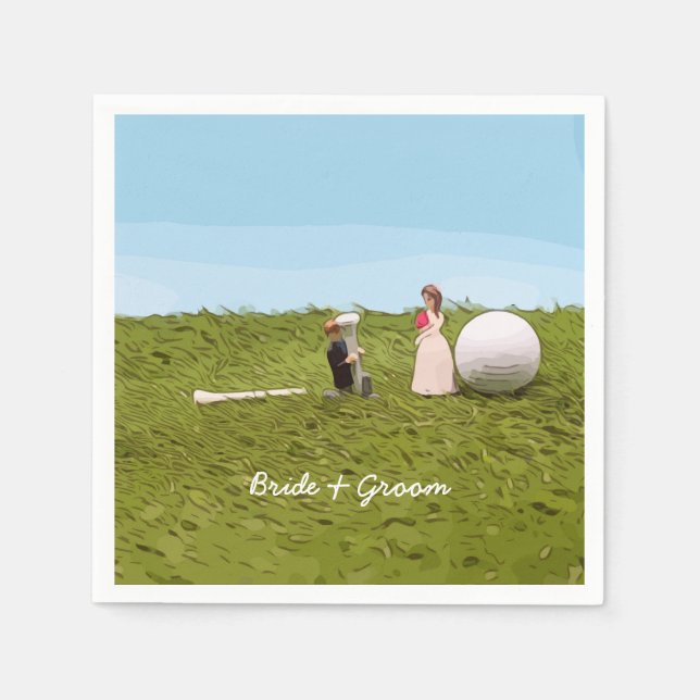 Golf bride and groom with golf ball tee Wedding Napkins (Front)