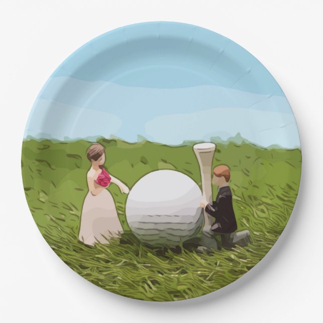 Golf bride and groom with golf ball  tee Wedding Paper Plates (Front)