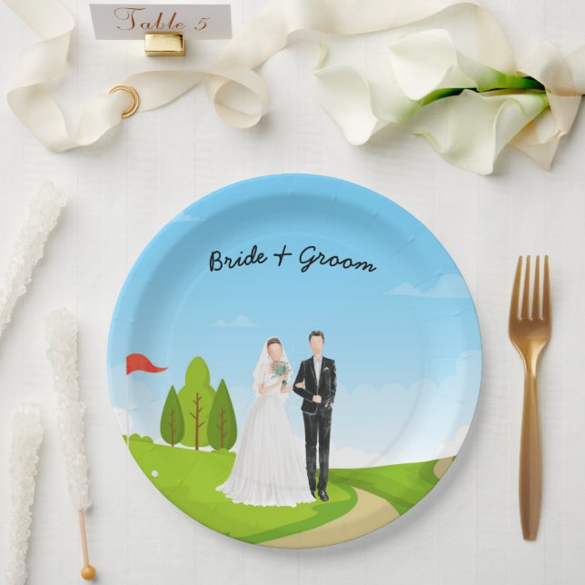 Golf bride and groom with golf ball tee Wedding  Paper Plates (Wedding)