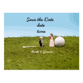 Golf bride and groom with golf ball tee Wedding Postcard