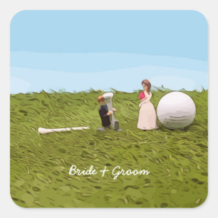 Golf bride and groom with golf ball tee Wedding Square Sticker