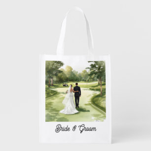 Golf Bride & Groom getting married at golf course Grocery Bag