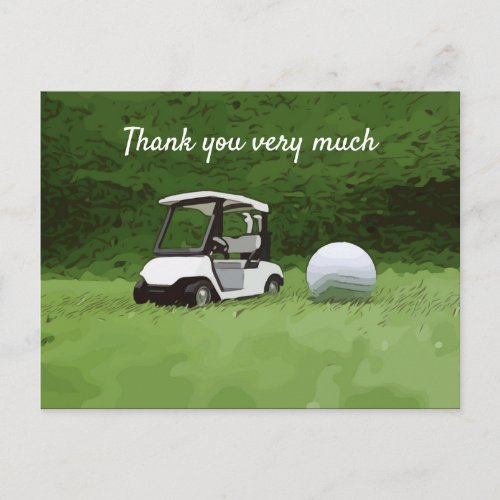 Golf buggy cart with golf ball are on green postcard