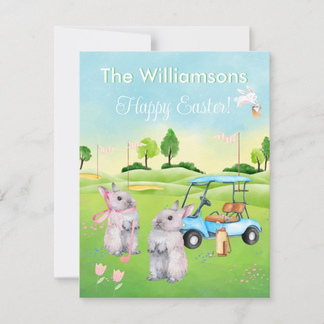 Golf Bunnies Charming Happy Easter Budget Holiday Note Card (Front)