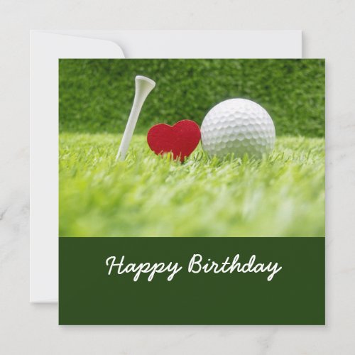 Golf card golf ball and tee on green with love