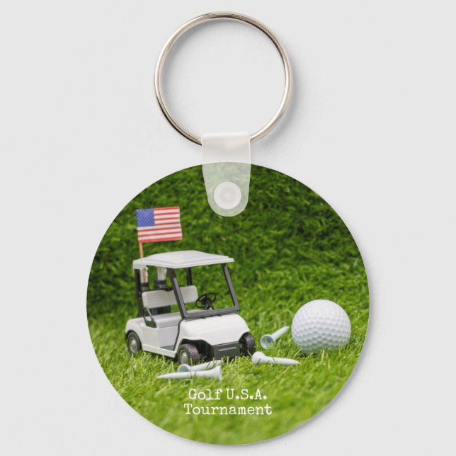 Golf cart and ball with flag of America Keychain (Front)