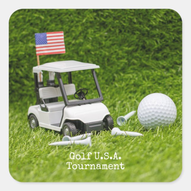 Golf cart and ball with flag of America   Square Sticker (Front)