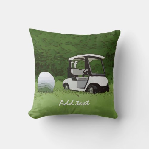 Golf cart and golf ball on green grass Golfer Throw Pillow