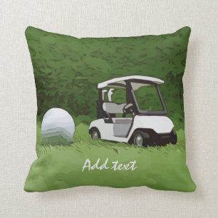 Golf cart and golf ball on green grass Golfer Throw Pillow