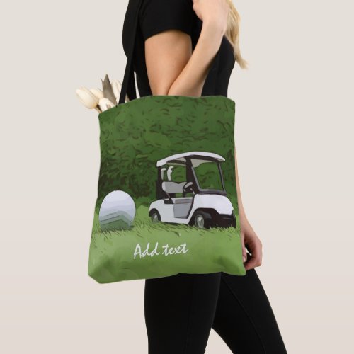 Golf cart and golf ball on green grass Golfer Tote Bag