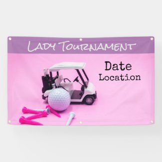 Golf cart and golf ball on pink background banner