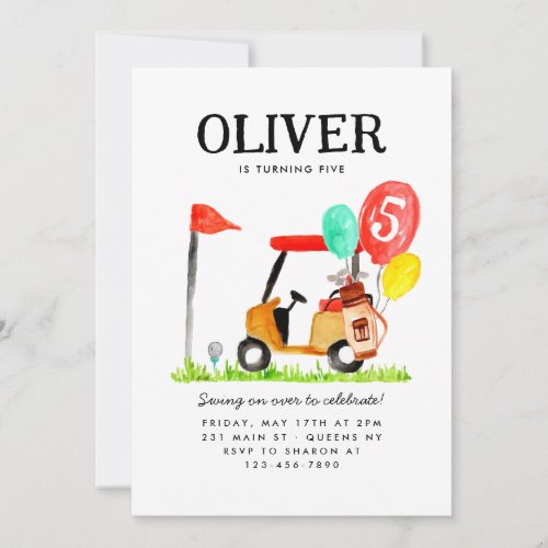 Golf Cart Ball Bag Balloon Kids Golfer Birthday Invitation