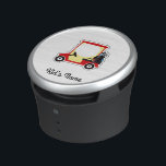 Golf cart bluetooth speaker<br><div class="desc">A red gold cart seen sideways, complete with bag and clubs, without people, white outline all around "sticker style"</div>