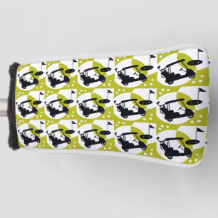Golf cart, clubs, & greens head cover